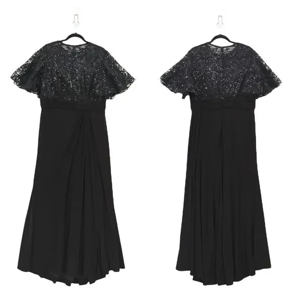 Mac Duggal Women 14 Embellished Butterfly Sleeve Gown Dress Black Sequins 68002